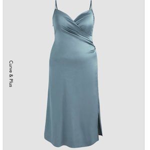 Cider Curve & Plus Solid Satin Slit Midi Dress Baby Blue 2XL / Size 16 NWT